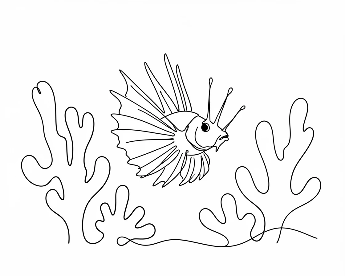 A lionfish drifting slowly among a field of coral formations