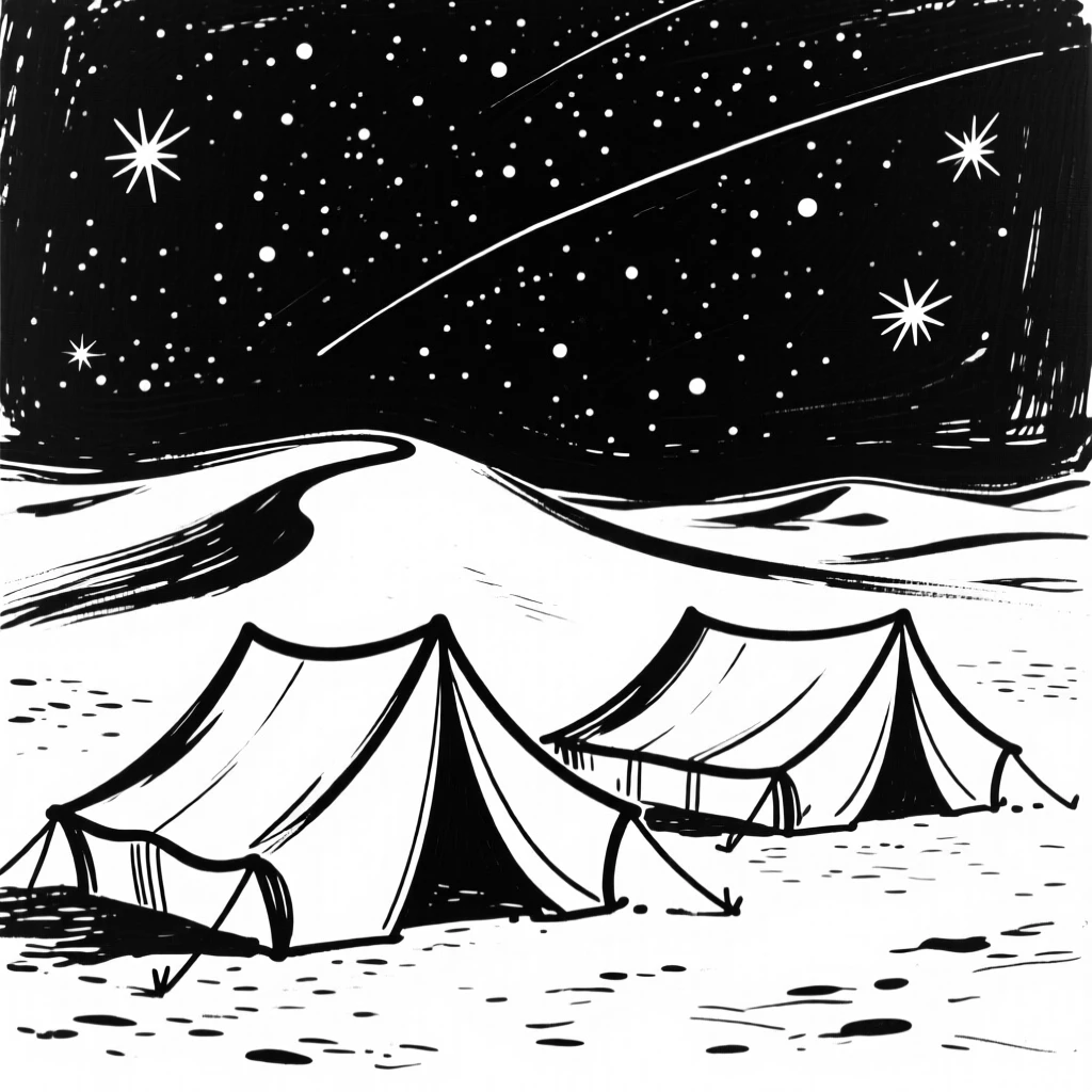 A Bedouin camp with tents pitched beneath a star-filled desert sky.