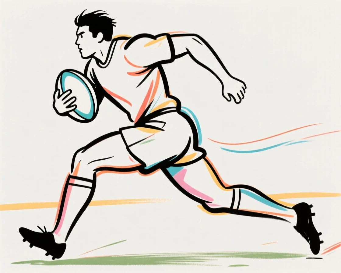 A rugby player charging forward with the ball during a match.