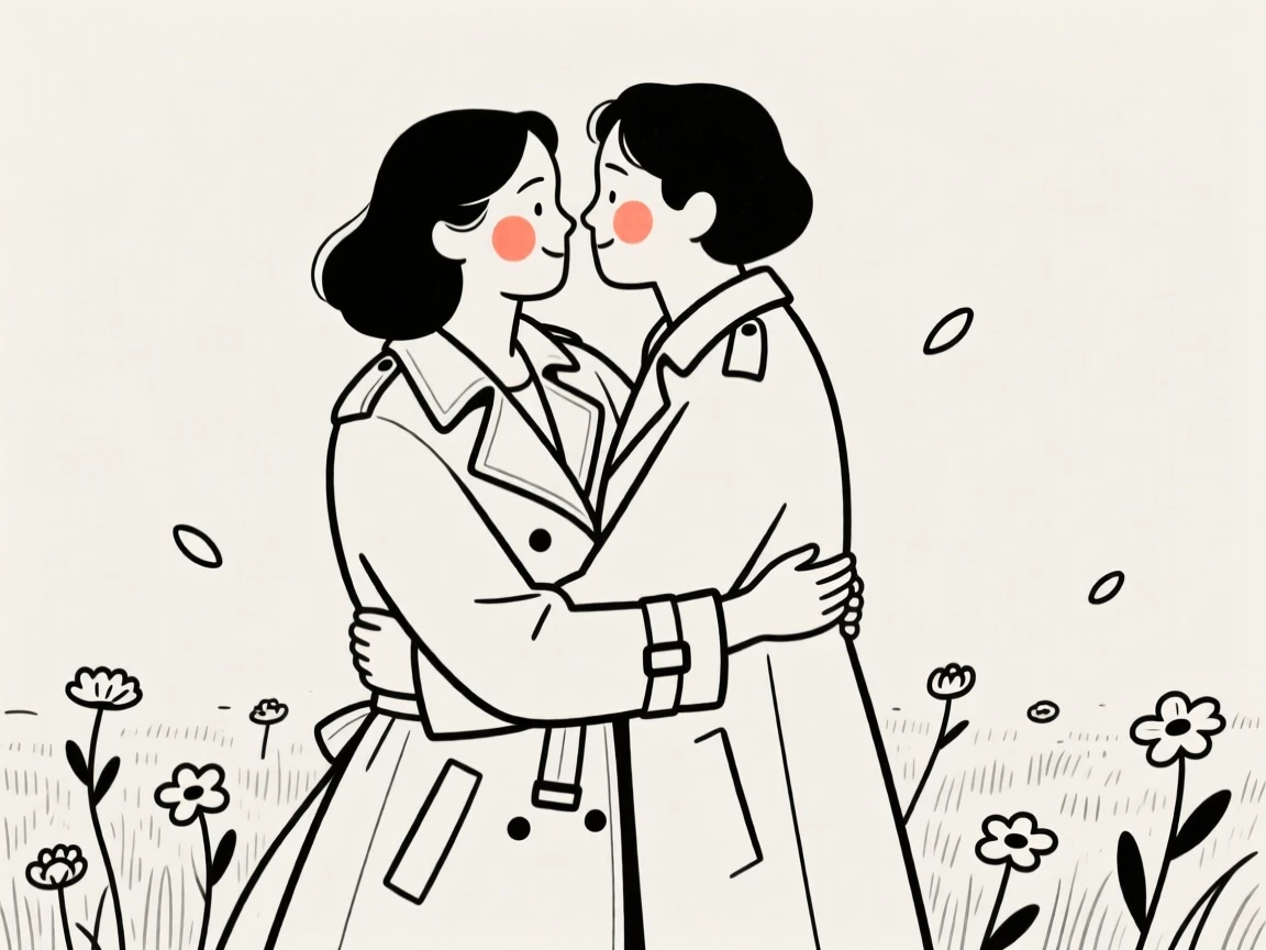 A woman in her thirties of Cuban heritage in a vintage-inspired trench coat, sharing a tender embrace, in a field of wildflowers.