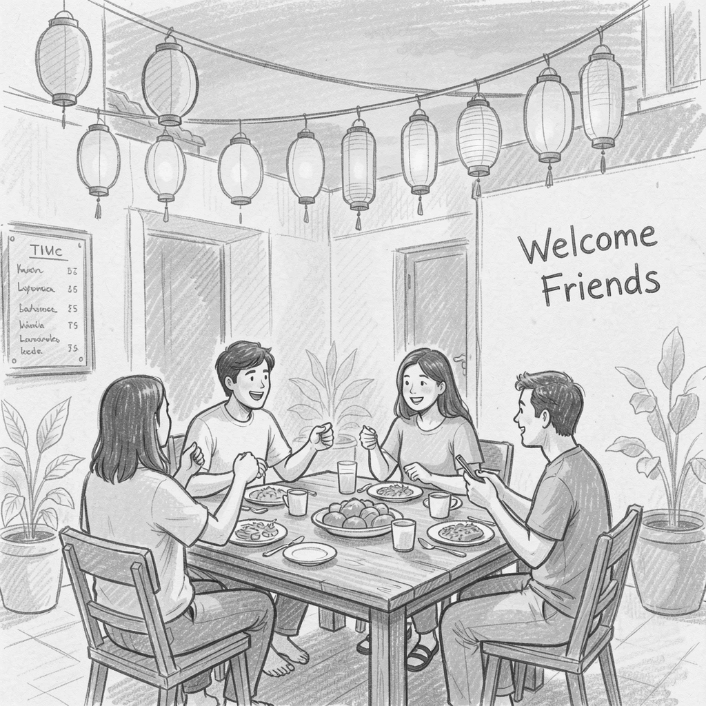 A vibrant cultural scene of friends sharing a meal beneath strings of lanterns in a warmly lit courtyard, with the warm glow of dusk settling in.