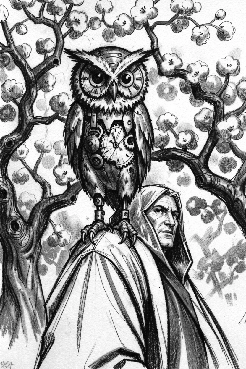 A clockwork owl perched on a wizard's shoulder, beneath blossoming trees in full bloom.