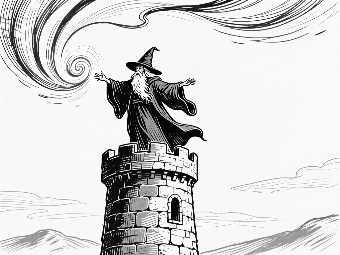 A wizard standing atop a tower casting a swirl of magical light into the sky.