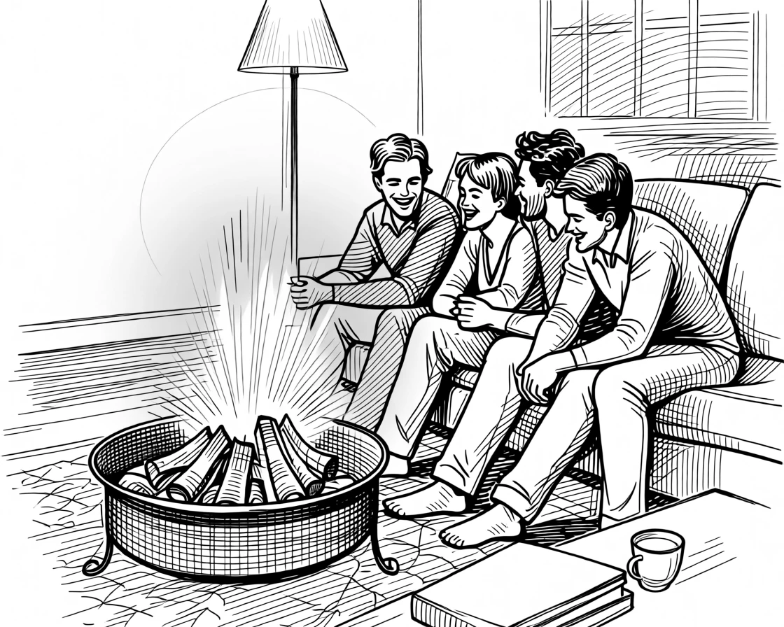 A group of friends laughing around a campfire within a warmly lit living room, with the glow of a nearby lamp softening the scene, creating a peacefully content lifestyle scene.