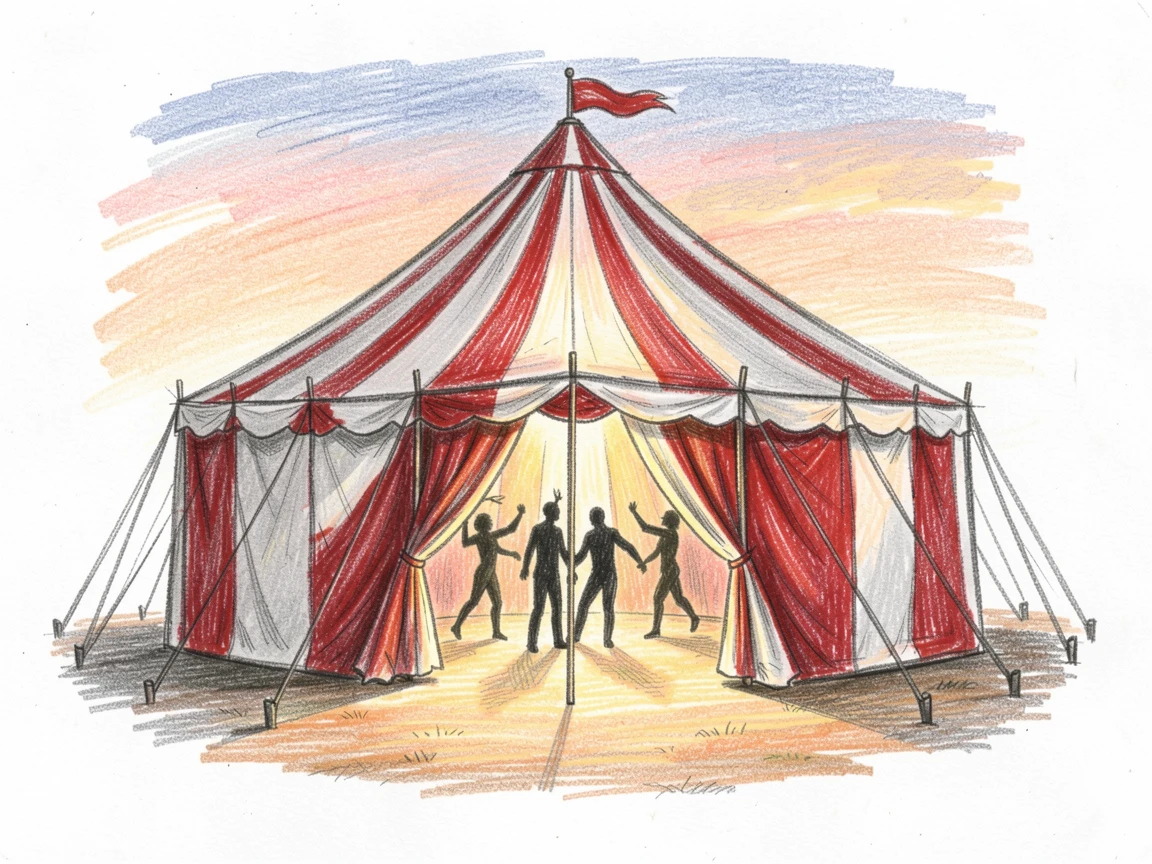A circus tent glowing warmly with performers silhouetted inside, framed thoughtfully to draw the eye toward the central subject, designed to feel inviting, memorable, and shareable.