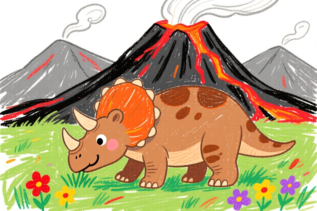 A young Triceratops grazing beside a volcanic mountain range.