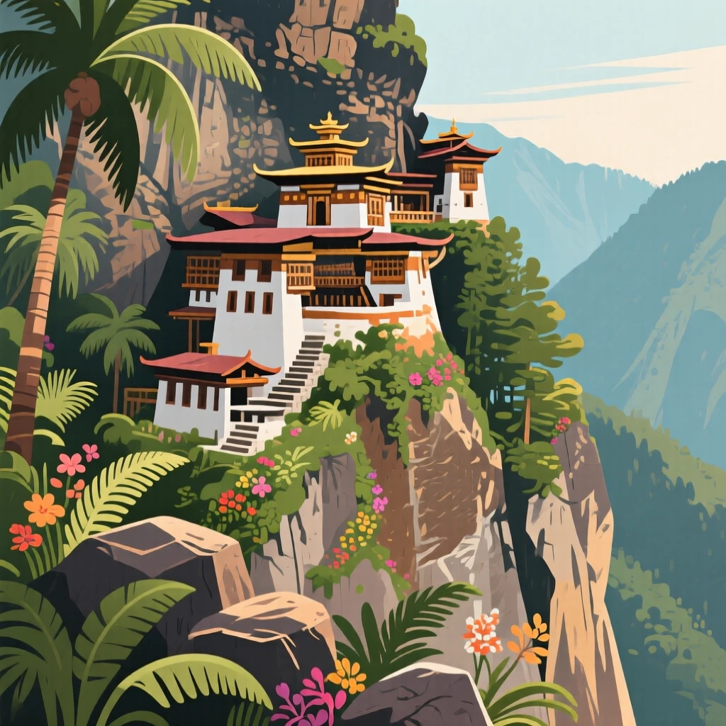 A grand mountain monastery perched on a dramatic cliffside, surrounded by lush tropical greenery, arranged with layered depth from near to far, with a nostalgic, postcard-like charm.
