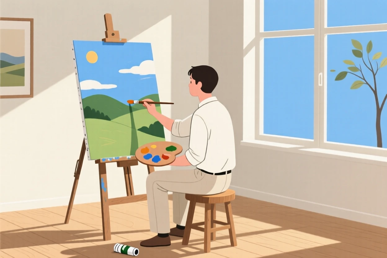 A person painting a landscape on canvas in a sunlit studio.