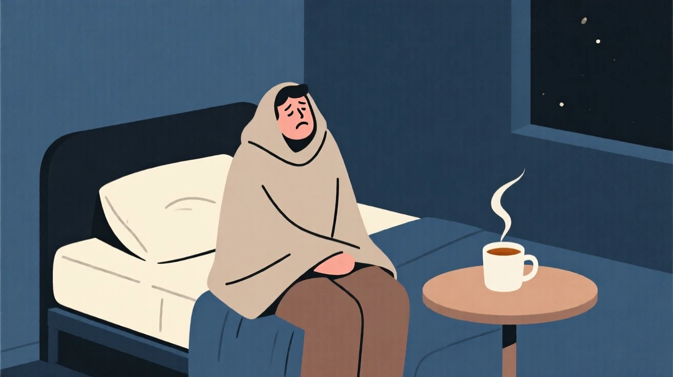 A quiet moment of overwhelming joy as a tired traveler pauses in a dim bedroom at night beside a warm cup of tea.