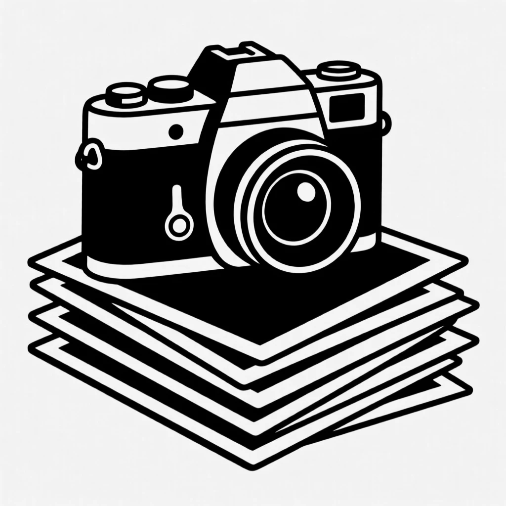 A vintage camera resting on a stack of photographs.