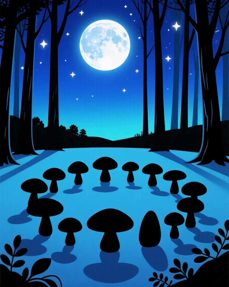 A fairy circle glowing softly in a moonlit forest clearing.