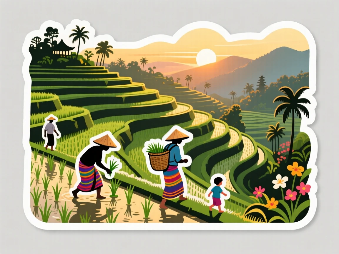 A richly detailed Bali-style rice terrace at sunrise, with locals going about their day, in a moment worth remembering forever.