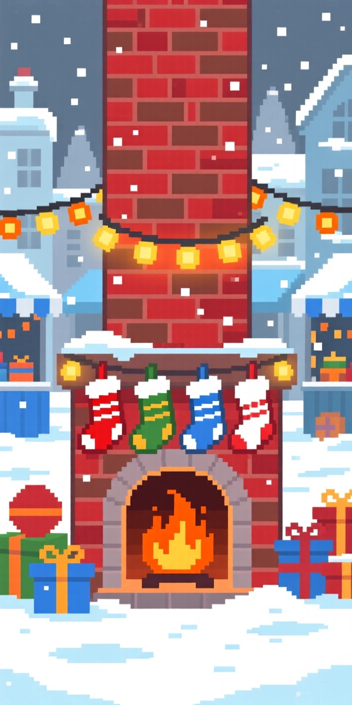 A fireplace stocked with stockings decorated with strings of warm lights, in a town square during a winter market.