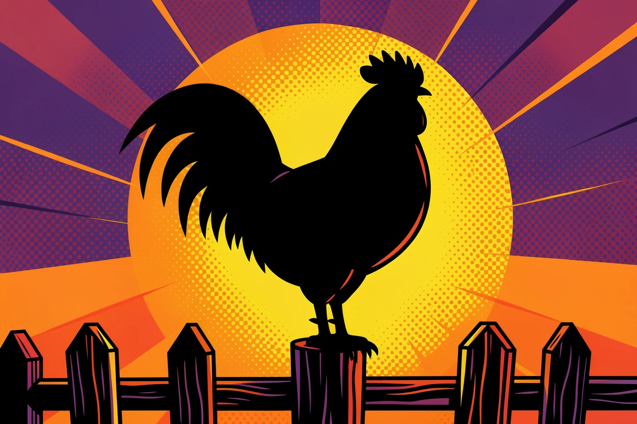 A rooster silhouetted against a late-day sunrise on a fence post