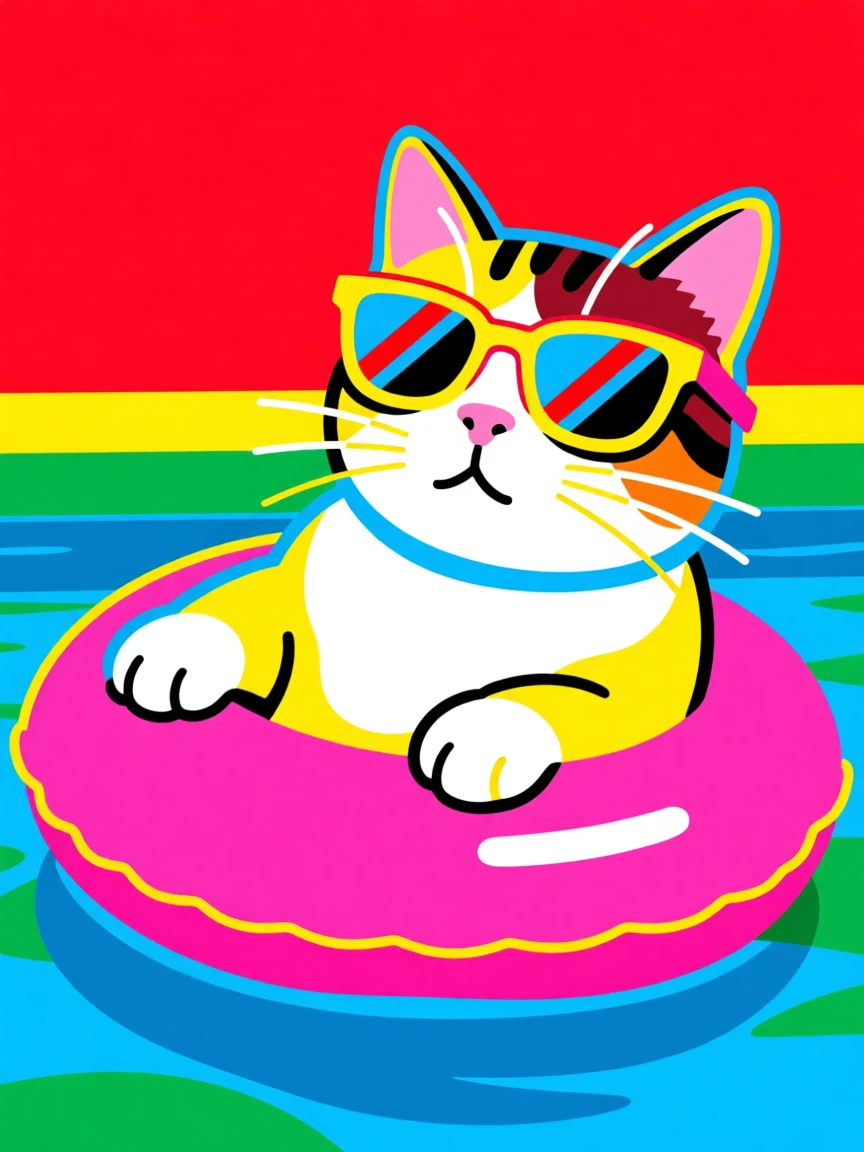 Cat wearing sunglasses lounging on a pool float
