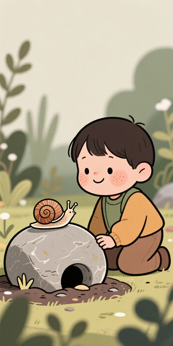 A curious small child kneels beside a snail on a stone in the garden bed, watching intently as it disappears into a tiny hole.