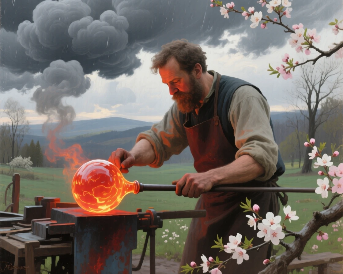 A well-framed scene of a glassblower shaping a molten sphere at the end of a long pipe, as spring blossoms open, beneath heavy grey storm clouds.