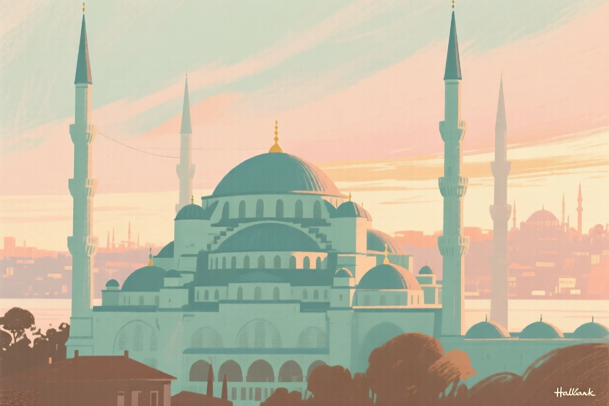 The Blue Mosque silhouetted against an Istanbul sunset