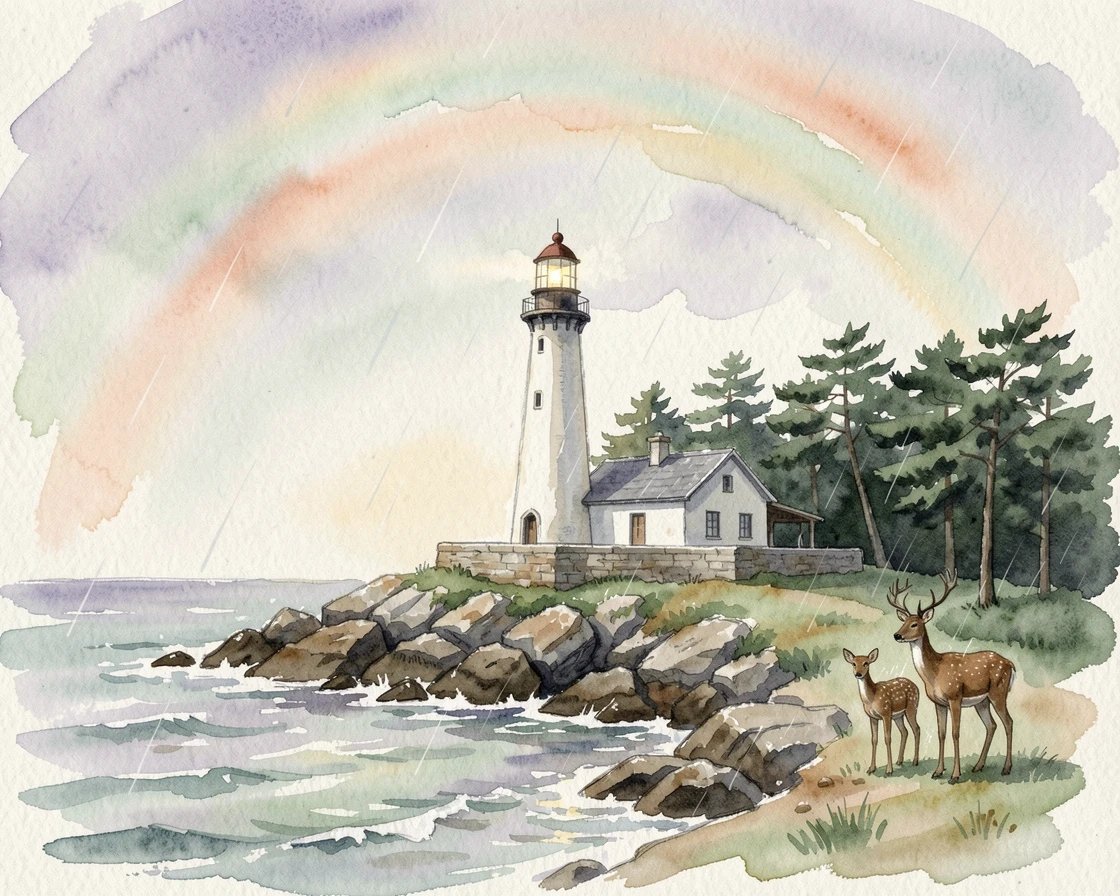 A coastal lighthouse on a rocky point beneath a rainbow after rain with a family of deer at the tree line.