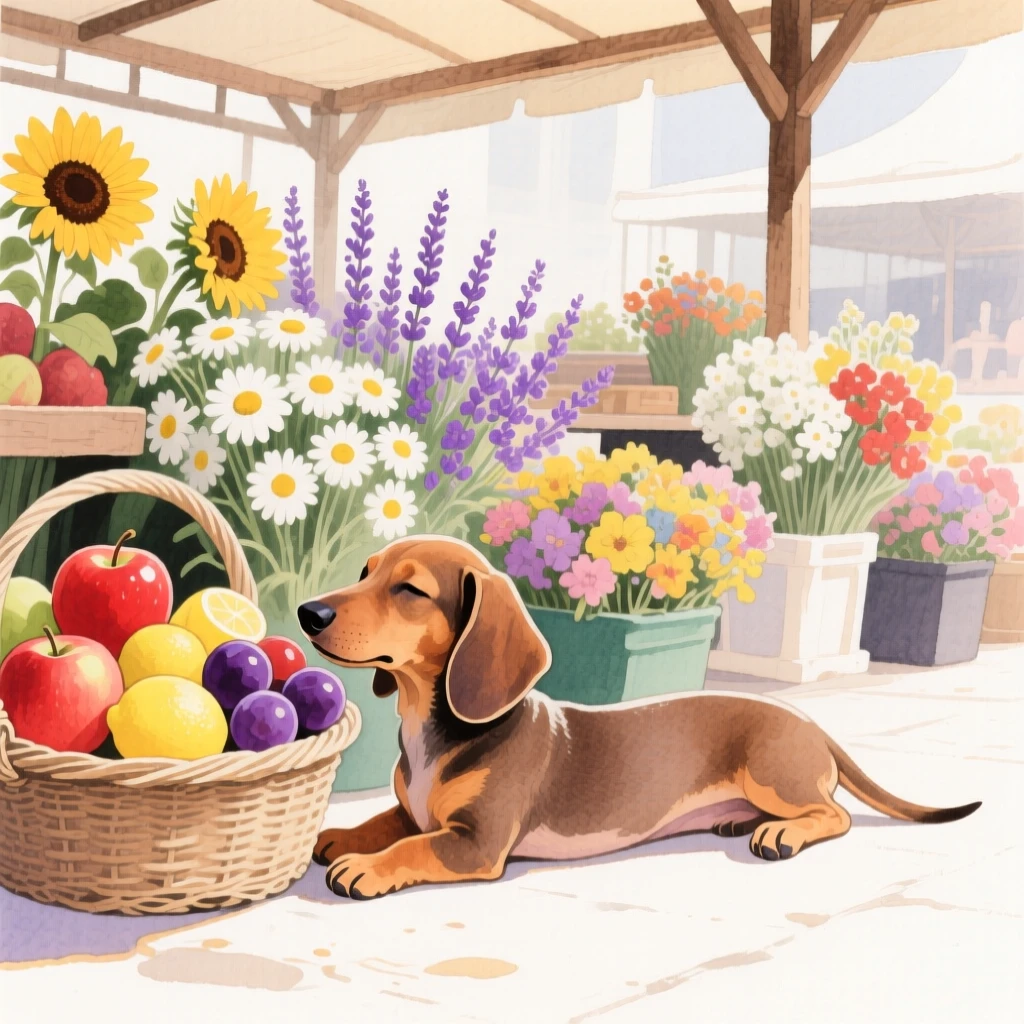 A dachshund puppy stretches in a patch of sunlight in a market stall of flowers, beside a basket of ripe fruit