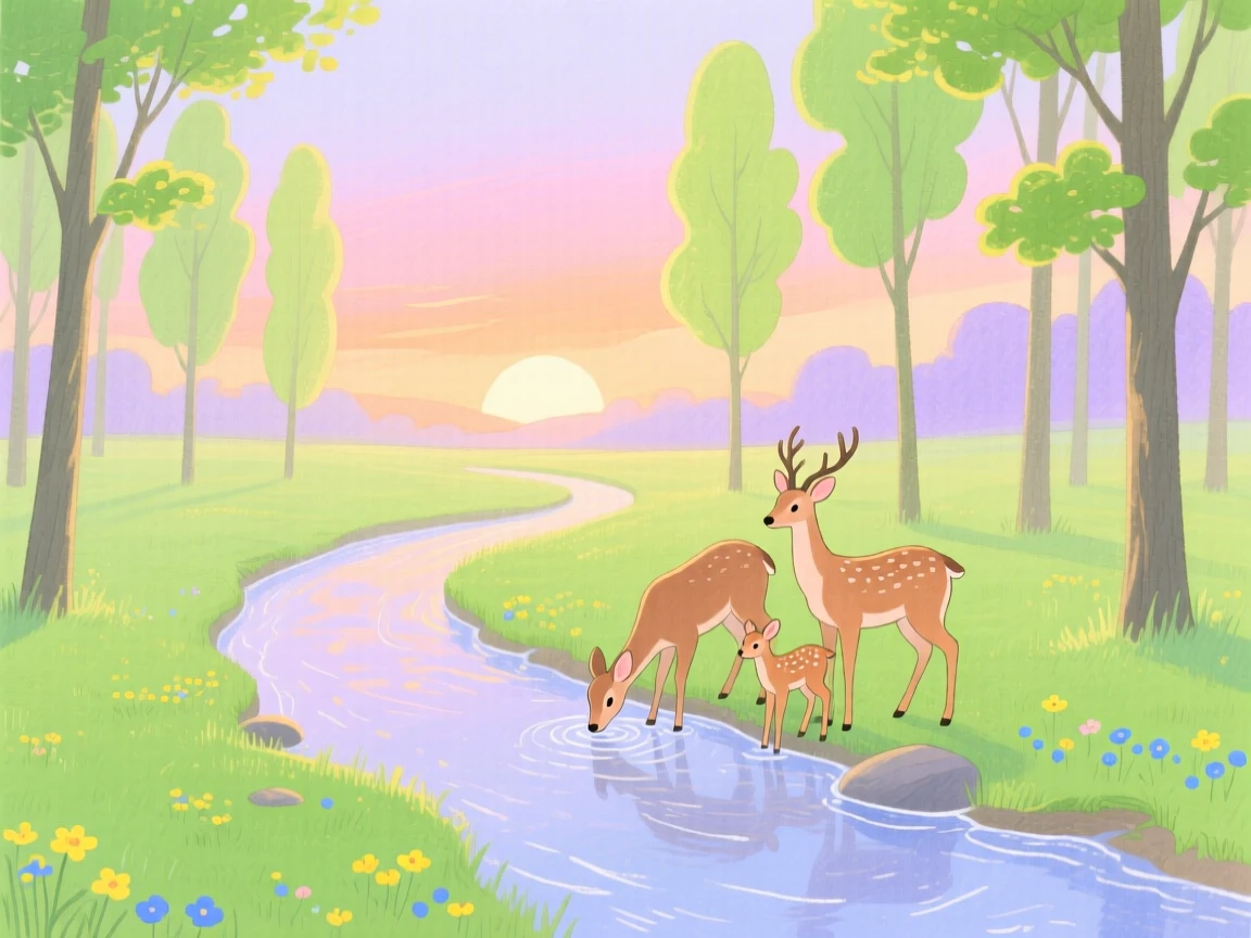 A woodland clearing where deer gather to drink from a stream at dawn.