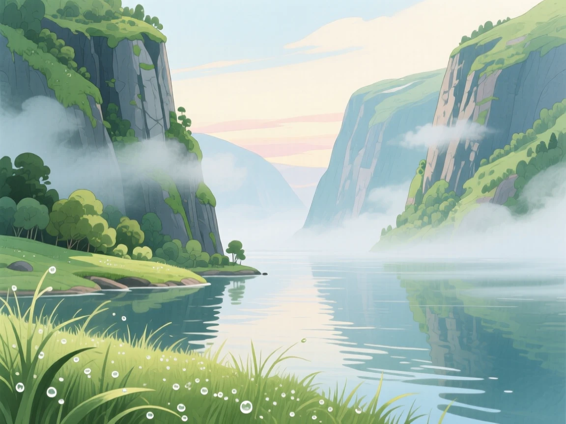 A misty fjord with steep green cliffs, with morning dew glistening on the grass, capturing the breathtaking beauty of untouched nature.