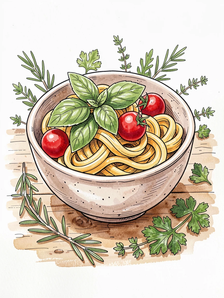 A rustic bowl of pasta tossed with fresh basil and cherry tomatoes, fresh herbs and garnishes scattered artfully around the dish.