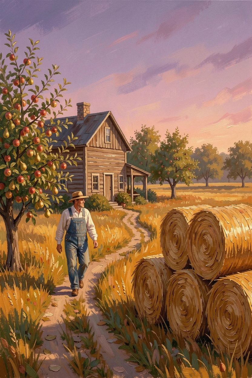 A rustic farmhouse surrounded by orchards, beside stacked hay bales catching the afternoon light, a farmer walking along the edge of the field at dusk, at golden hour, the fields glowing amber.