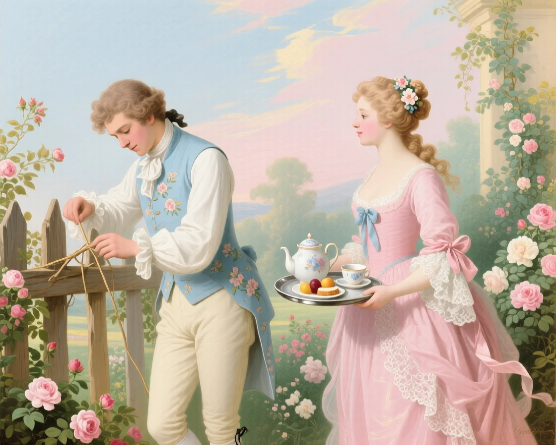 A young man mending a fence while his sweetheart brings him lunch  