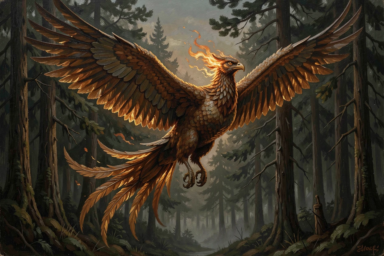 A majestic phoenix rising in flame and light above a dark forest, with a sense of scale that conveys awe and grandeur, creating a scene that feels both magical and entirely believable