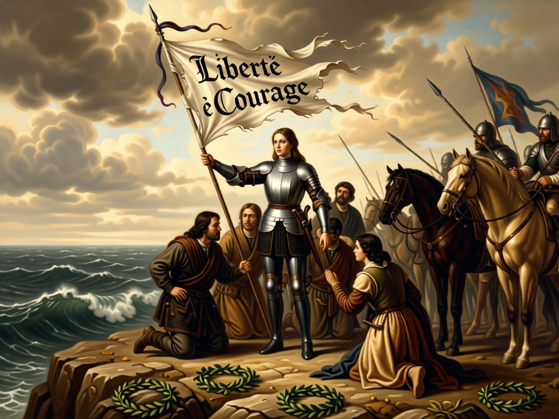 Joan of Arc rallying her soldiers beneath a tattered banner at the exact instant fate is sealed, set atop a cliff overlooking a stormy sea, surrounded by kneeling attendants, war horses, and scattered laurel wreaths; diagonal lines of spears and banners lead the eye to the central figure, capturing the timeless clash of glory and mortality.