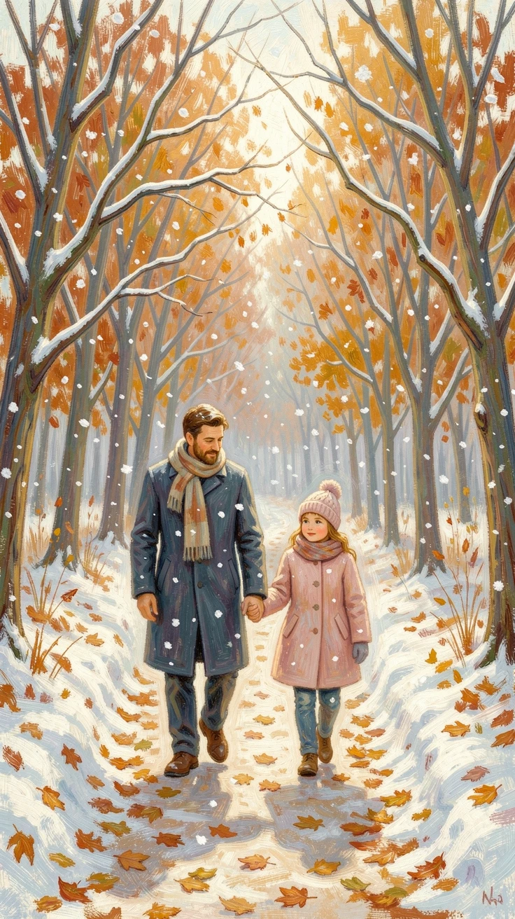 A father and daughter walking hand in hand along a autumn forest trail, leaves crunching underfoot, amid a gentle winter snowfall, radiating serenity and gentle stillness.