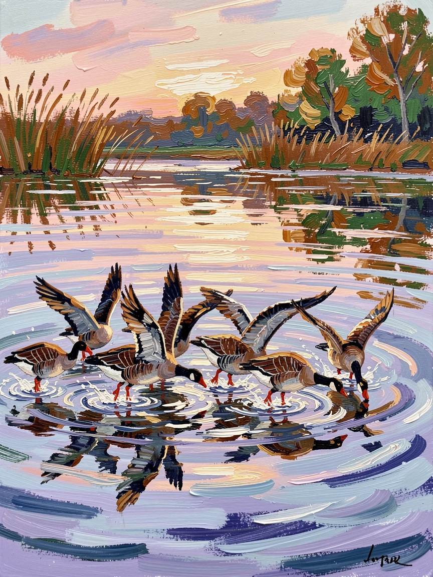 A flock of wild geese landing on a still lake at first light.