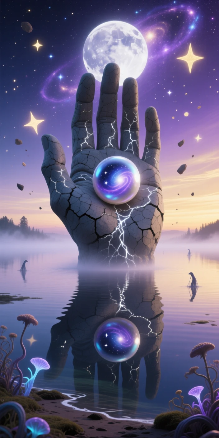 A moon-sized pearl resting quietly in the palm of a giant hand reflects perfectly in the calm waters of a hidden lake, while the entire scene shimmers with quiet, cosmic stillness.