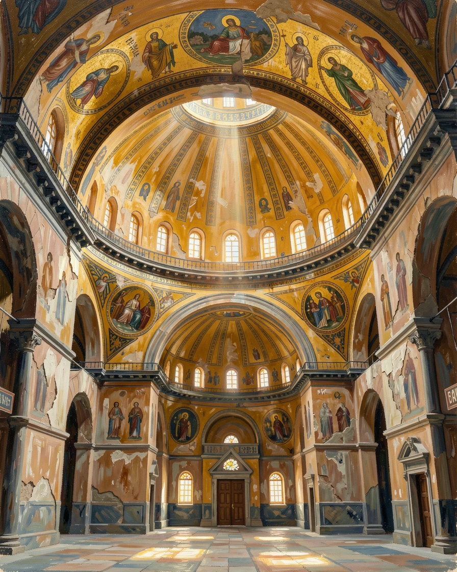 The Hagia Sophia's massive dome glows warm inside, sunlight streaming through high windows to illuminate intricate mosaics on ancient walls, the play of light across weathered surfaces revealing decades of history in every wall.