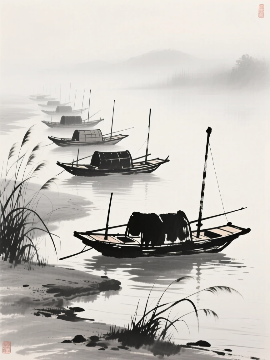 A row of small fishing boats rests along a misty shoreline, as reeds sway gently along the water's edge.