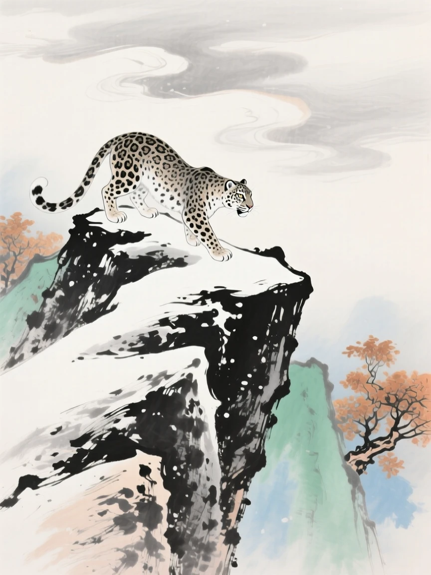 A snow leopard picking its way along a rocky mountain ridge, at the turn of autumn, beneath low hanging clouds.