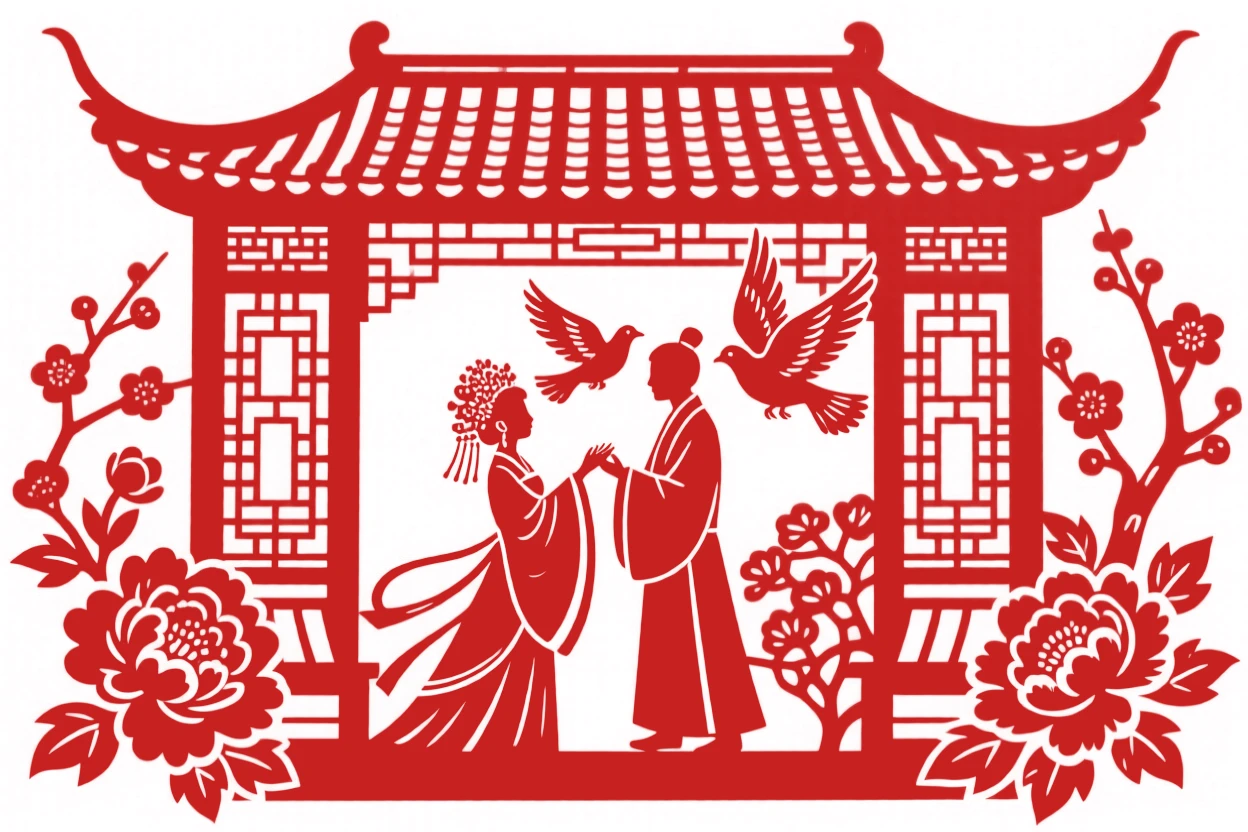 A bride and groom releasing a pair of doves together from a garden pavilion, wings spread in flight