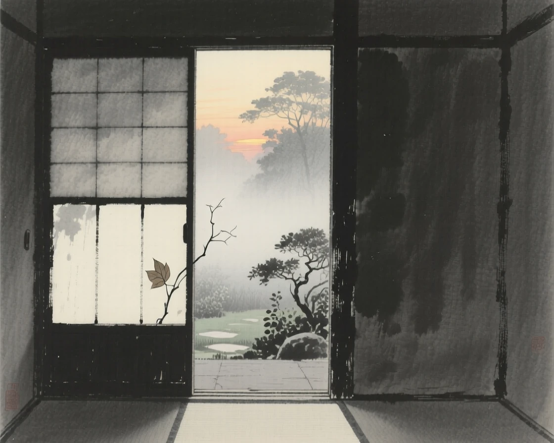 An open door revealing a misty garden beyond in the fading light of late afternoon, balanced with a single small detail against a quiet backdrop, carrying a hushed, contemplative silence.