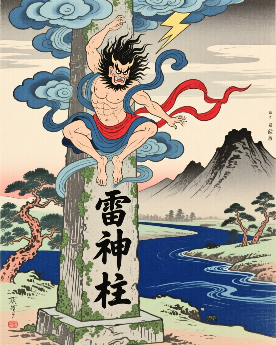 A cloud-riding thunder god curling gracefully around a stone pillar.