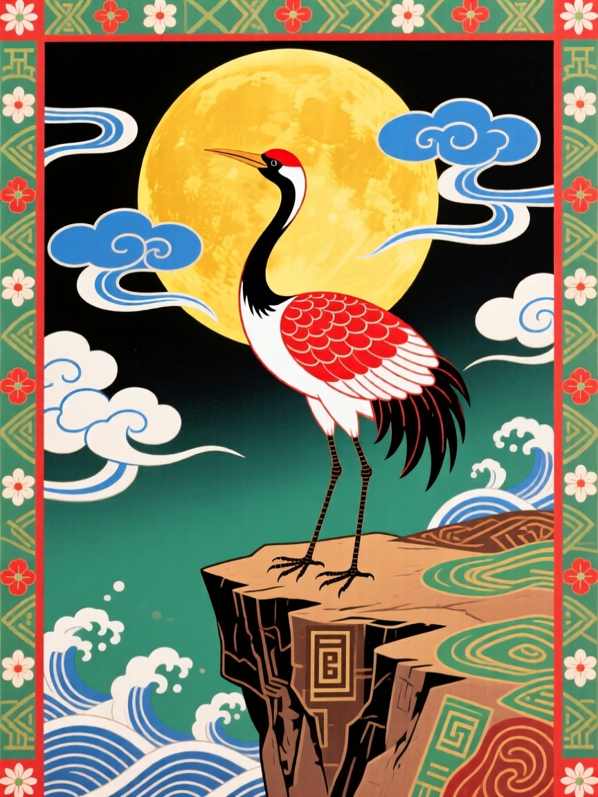 A powerful depiction of a red-crowned crane standing beneath a full moon on a cliff.