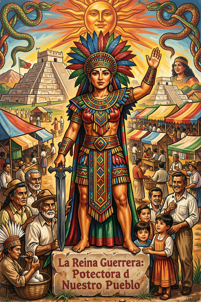 A legendary warrior queen standing before her kingdom