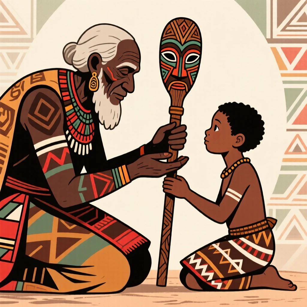 An elder passing down a family heirloom to a grandchild.