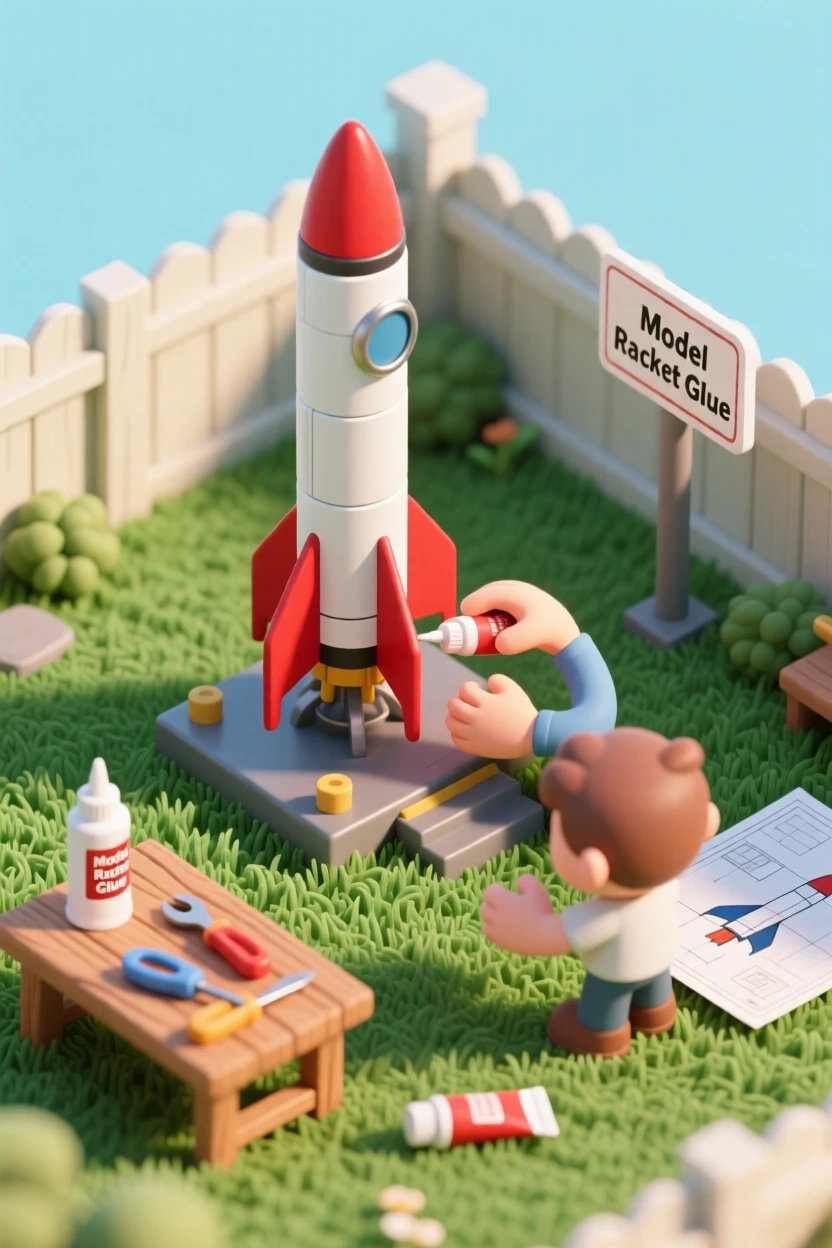 A model rocket launch preparation in a backyard, fins being glued carefully, and a launch pad set up on the lawn.