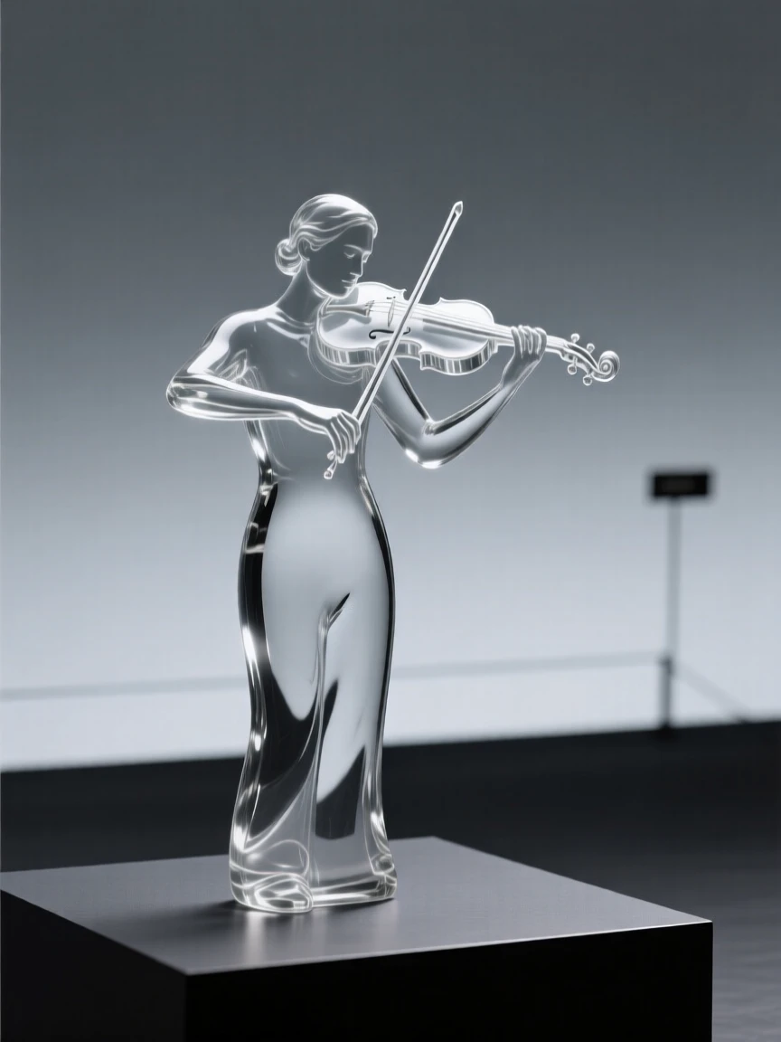 With the sound of applause rising from an unseen audience, a violinist performing alone on an empty stage