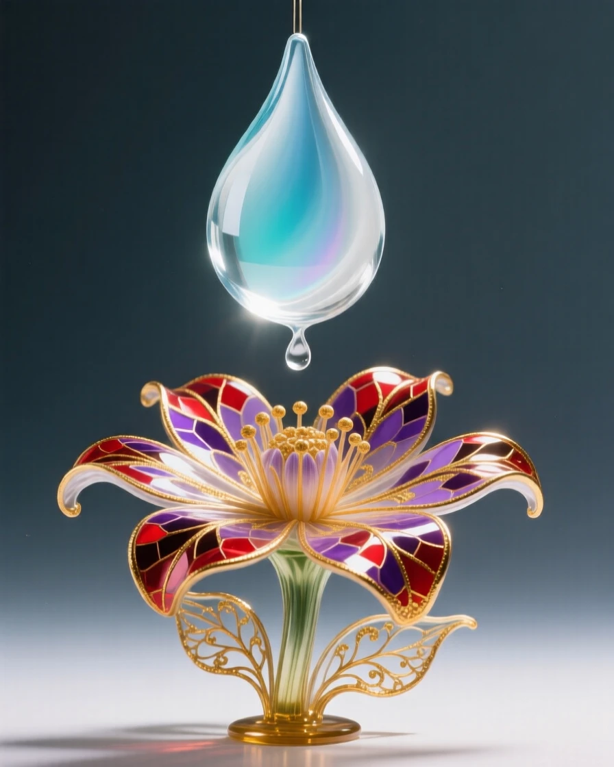 A single tear transforming into a blooming flower as it falls, tender and poetic.