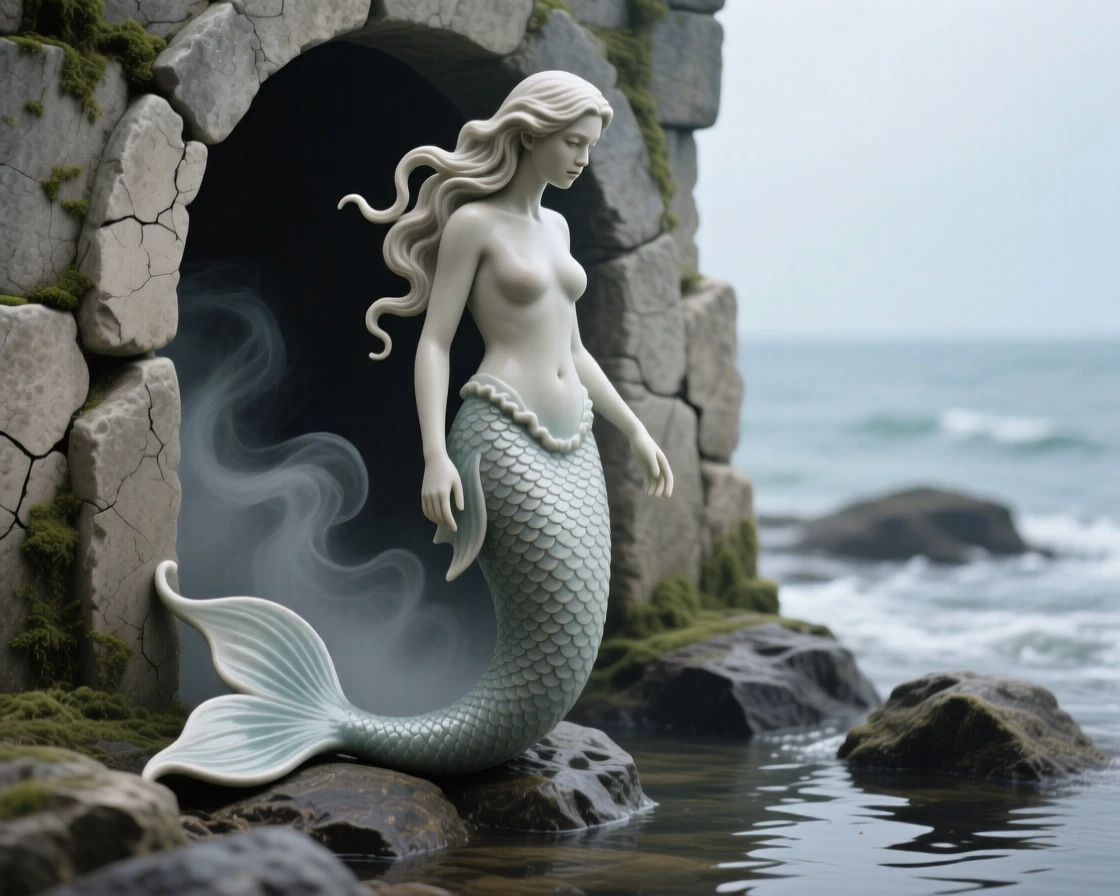 A mermaid gazing into tide pools standing guard beside an ancient stone archway, wrapped in wisps of enchanted mist, capturing the enchantment of forgotten legend.
