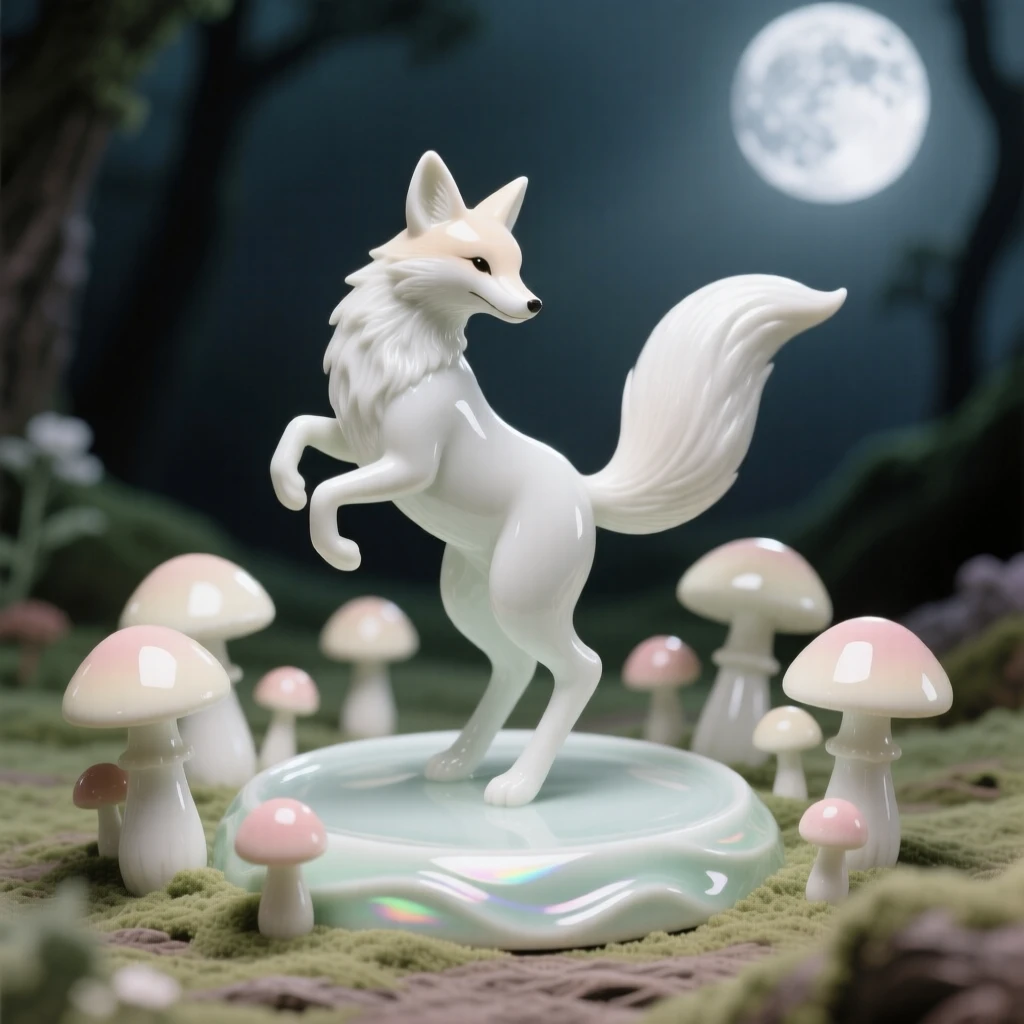 A whimsical scene of a talking fox dancing in a ring of toadstools in a moonlit fairy glen.