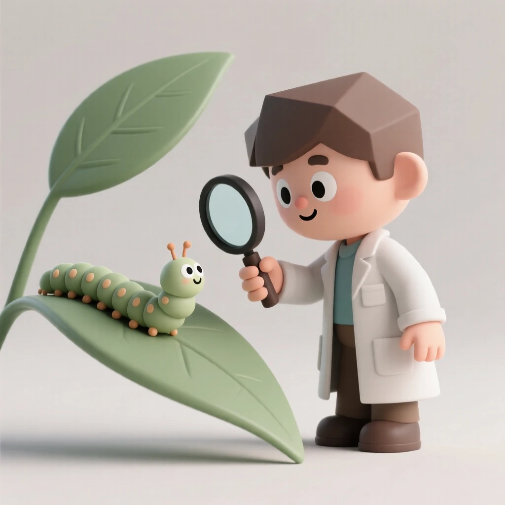 A curious young scientist watches a caterpillar inch along a leaf, magnifying glass held carefully in one hand.