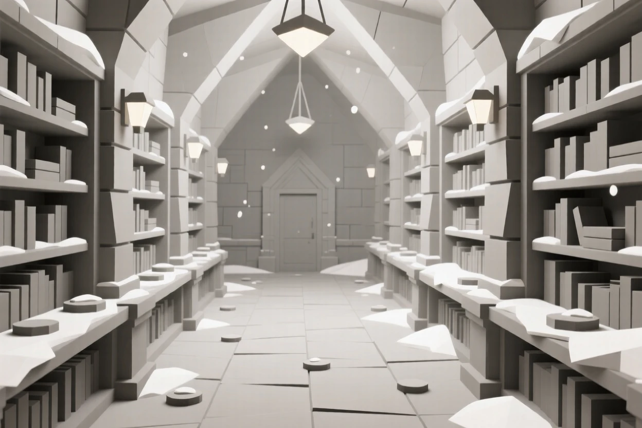 A grand library with towering shelves and soft light, dusted lightly with fresh snow. vibrant color accents contrast against neutral stone. There is a warm sense of nostalgia.
